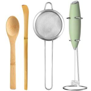 모노조이 전기 말차 거품기 세트 4 PCS 만들기 키트 파우더 믹서 우유 프로더 전통 차 스쿱 차샤쿠, 스푼, 체, 내구성 있는 커피 교반기 제조 도구 초보자를 위한 선물