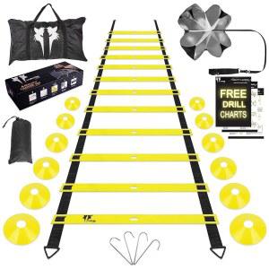 LYKAN FIT 20피트 스포츠 민첩성 사다리, 스피드 낙하산과 캐리백으로 축구, 운동, 테니스, 다리 운동을 위한 유소년 축구 훈련 장비