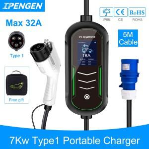 IPENGEN Type1 j1772 소켓 32A 7KW 1상 휴대용 EV 충전기 Wallbox 5M 케이블 자동차용