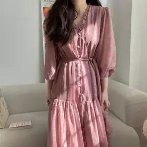 여성 봄 가을 브이넥 셔링 긴팔 롱 원피스 핑크 결혼식 하객룩 휴양지 봄원피스