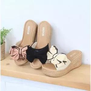 라운슈 더블 리본 장식 웨지힐 슬리퍼 7cm (16287632)