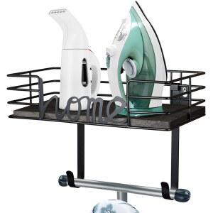 TJ.MOREE 다림질 보드 걸이 벽걸이 - 세탁실 장식 다리미 및 홀더, 정리 보관, 대형 수납 다크 그레이 나무 베이스 바구니 탈착식 후크 포함