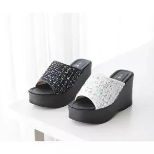 라운슈 오픈토 컬러 포인트 웨지힐 슬리퍼 10cm (30485882)