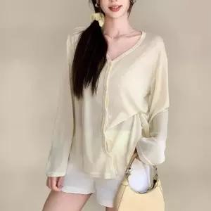 [신상오픈런]여성 브이넥 긴팔 루즈핏 단추 가디건 무지 스타일 (38168384)