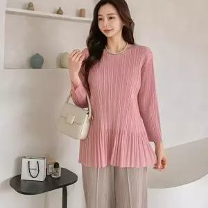 [신상오픈런]라운드넥 주름원단 봄티 긴팔 에이라인 플리츠티셔츠 (31639317)