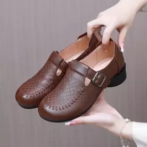 천진반 여사친 빈티지 가을 데일리룩 신발 단화 플랫 두층소가죽 라운드 버클 슬립온 빅사이즈 통굽 KUK3