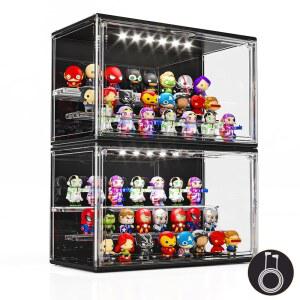 LED 조명이 있는 수집품용 아크릴 디스플레이 케이스, 마그네틱 도어가 레이어 조절 가능한 피규어 박스, 액션 피규어용 쌓을 수 투명 블라인드 팝마트, 2팩, 블랙