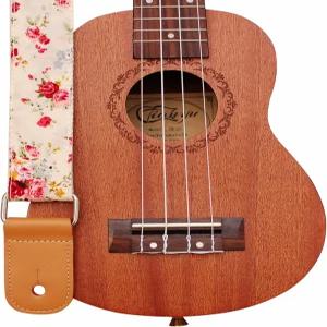 MUSIC FIRST 오리지널 디자인 “Rosa Multiflora in Cream” 소프트 머슬린 천연 가죽 우쿨렐레 스트랩