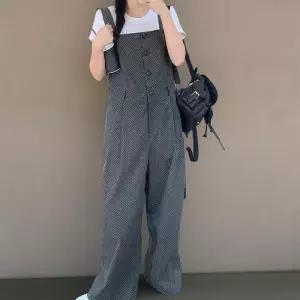 [신상오픈런]여성 도트 패턴 멜빵 핀턱 와이드 면 점프슈트 (34574791)