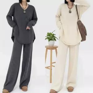 겨울니트 니트팬츠 투피스세트 브이넥 와이드팬츠 따뜻한투피스코디 꾸안꾸트레이닝
