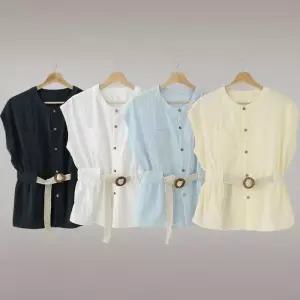 [신상오픈런]여성용 파스텔 컬러 포켓 민소매 벨트 버튼 여름 블라우스 (38767878)