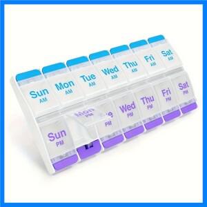 푸시 버튼(7일) 알약 케이스, 약 플래너, 비타민 정리함, 하루 2회 오전/오후, 대형 칸, 관절염 친화적