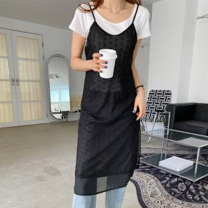 시스루 플라워 패턴 망사 레이스 레이어드 끈 원피스