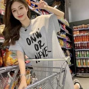 여자 집앞 외출 마트 룩 레터링 반팔 면 원피스 코디