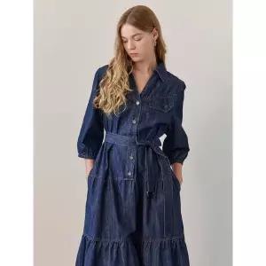 [하프클럽/]생지 데님 벨티드 티어드 셔츠 롱 원피스