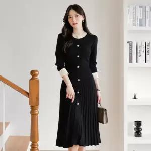 XXL까지) 자엘르 배색 진주버튼 플리츠 니트원피스 가을 하객룩 오피스룩 모임룩 격식룩 빅사이즈