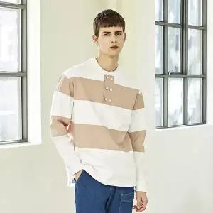 [커스텀어스]우븐배색 변형헨리넥 빅보더 라운드티셔츠 CXS23SKMT271