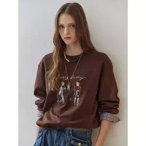 [하프클럽/]일러스트 자수 체크 셔츠 레이어드 맨투맨