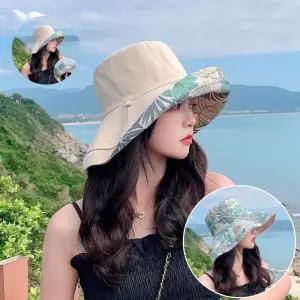 여성모자 바캉스모자 플랜트무늬 챙넓은 버킷햇 양면