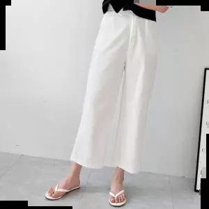 9부 핀턱 뒷밴딩 버튼 여자 린넨 포켓 일자핏 통바지