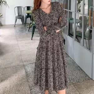 잔플라워 패턴 쉬폰소재 허리밴딩 긴팔 롱원피스 (KYR-WE1698C)