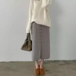 앞단추 골지 니트 롱스커트 여성용 하이웨스트 페미닌 데일리 H라인 치마 H라인 니트치마