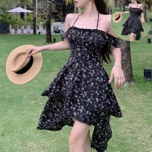 나시원피스 언발란스 기장 잔플라워 패턴 어깨 프릴 미니원피스