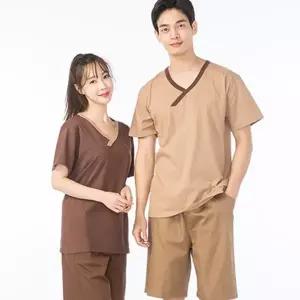 찜질방 의류 남녀공용 커플 반바지 남성 찜질복 상하의 라운지 실내복 브이넥 휴식복 웨어 혼방 여성