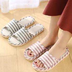 린넨 슬리퍼 스트라이프 북유럽 거실화 마 실내화 시원한 여름 통기성 심플 세탁 가능