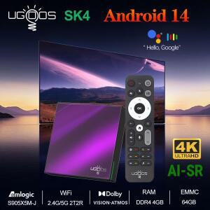 UGOOS SK4 Amlogic S905X5M-J TV 박스 안드로이드 14 LPDDR4 4G64G 돌비 비전 오디오 AI-SR AV1 2T2R WiFi6