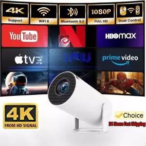 스마트 미니 프로젝터 HY300 안드로이드 14 WiFi 6 BT5.0 1280*720P 홈 시네마 야외 휴대용 4K 지원 극장