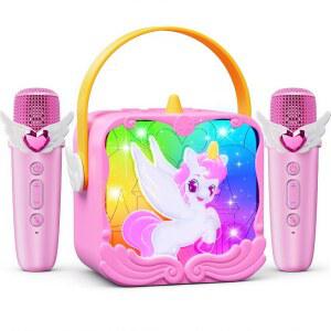 날개와 성 조명이 달린 유니콘 8 스피커, 소녀용 5 4 5개의 블루투스 마이크와 7 장난감 3세 부활절 3 6 젬 기계, 공주 매직 2개의 보이스, 바구니 스터퍼 노래방 미니 선물 9+ 생일
