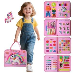 카위틀로 몬테소리 유아용 바쁜 보드 여행 유아 유니콘 어린이 선물 학습 생일 (핑크) 교육 책, 소녀 활동 장난감, 감각