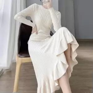 세로골지 니트 롱원피스 롱기장 프릴스커트 슬림핏