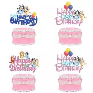 블루이 빙고 글리터 케이크 토퍼 세트 - 파티와 베이비 샤워를 위한 생일 장식 블루 핑크 색상 테마