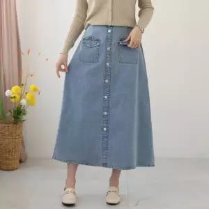 스크모 버튼 데님 롱 스커트 /허리밴딩 군살커버 USK112