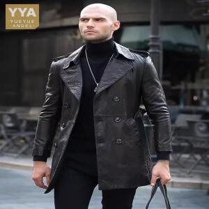 비즈니스 남성 작업 더블 브레스트 슬림핏 오일 왁스 양가죽 트렌치 코트, 가을 롱 럭셔리  재킷 바람막이