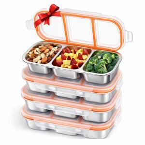 플렉사로 3팩 스테인리스 스틸 스낵 용기 세트, 누수 방지 회색 및 주황색 뚜껑이 있는 3칸 벤토 도시락, 재사용 가능한 금속 식품 보관 용기, 작업용 휴대용 상자, 1.5파운드 용량