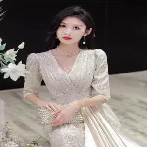 이브닝 연말파티 프롬파티 롱드레스 의상 진행자 7부 사회자 소매 칵테일 파티 드레스