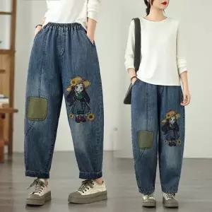 팬츠 가을 캐주얼 빈티지 봄 여자 배기핏 배기바지 밴딩 자수 청바지 허리 슬림핏 아플리케 완성 스타일 스