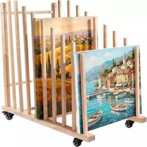 캐스터 휠과 트레이가 있는 알로이닉스 대형 아트 보관 랙 캔버스 드로잉 보드 인쇄물용 헤비 듀티 우드