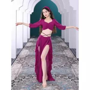 벨리댄스의상 롱스커트 밸리댄스복 드레스 여성 세트 플럼컬러 2피스 상의+치마 S