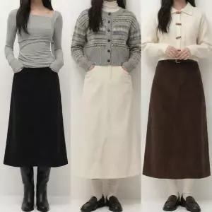 [라일리여성의류] Rly 밑단 포인트 플리스기모 코듀로이 A라인 롱스커트