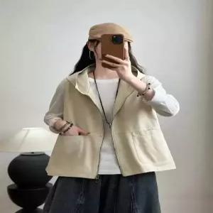 여성용 빈티지 캐주얼 후드 카디건 솔리드 조끼 투포켓 민소매 톱 원픽1