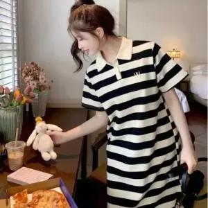 스트라이프 여성 여름 데일리 카라 원피스 미디원피스