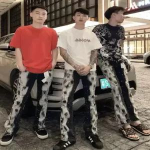 청 팬츠 남자 긴 스판 페인트칠 종아리 OP1