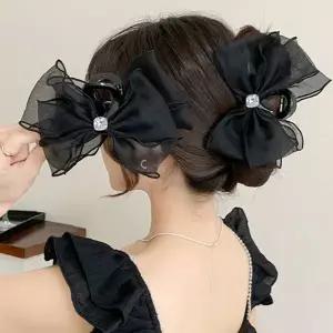 큐빅장식 메시오간자 대형리본 블랙컬러 업스타일 헤어클립 파티용 여성머리핀