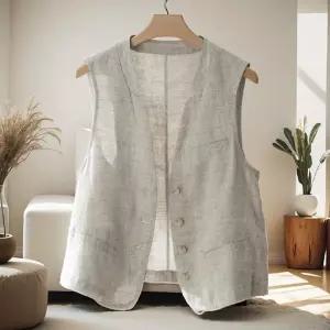 여성 정장 조끼 여름 린넨 베스트 마 브이넥 단추