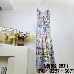 플라워 프린트 여성 백리스 블루 슬링 로브 레이스 자수 패치워크 V넥 민소매 하이웨이스트 100% 실크 맥시