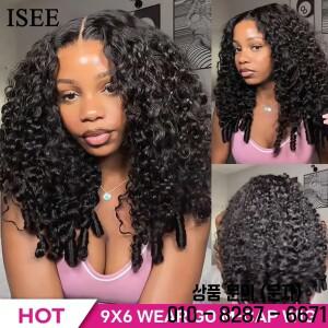 ISEE 헤어 9X6 버마 곱슬머리 글루리스 가발 내추럴 블랙 미리 탈색된 인모 M 캡 착용 자른 레이스